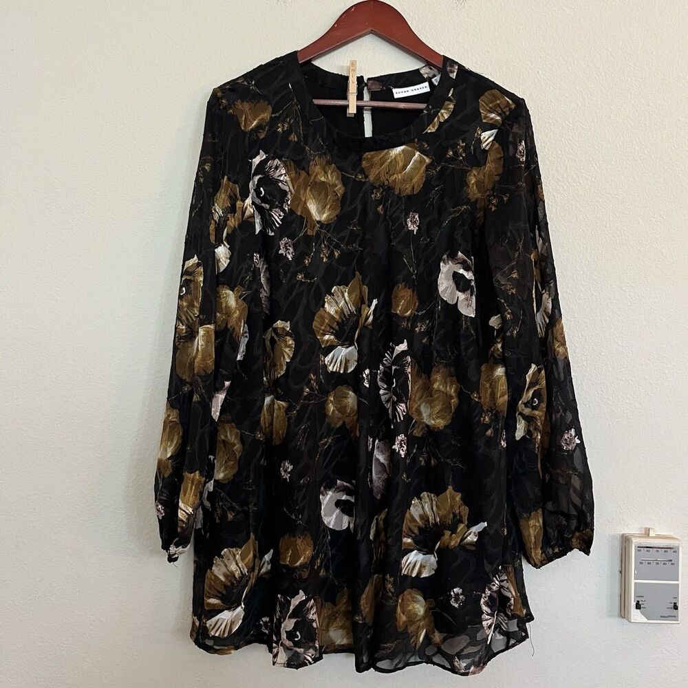 Susan Graver Long Sleeve Round Neck Floral Black Brown Lined Blouse Top SZ L